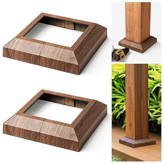 2 Pcs 6"x6" (Actual: 5.5"x5.5") Aluminum Post Base Cover for Railings, Stairs, Patios, Porches - Split Deck Post Skirt (Walnut Wood)