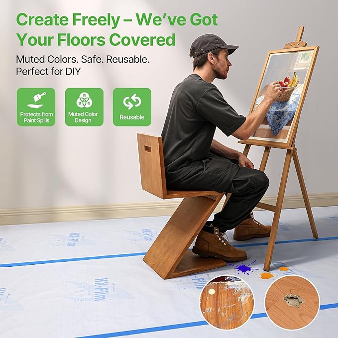 39" x50' Heavy-Duty Floor Protection | Construction Grade Carpet Protector | Drop Cloth Plastic Film for Hardwood Floors | Waterproof Painters Covering with No Residue(Ice Blue)