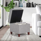 Adeco 17" Square Ottoman with Storage, Small Blue Storage Ottoman Foot Rest with Hinged Lid & Solid Wood Legs, Linen Fabric Foot Stool for Living Room & Bedroom