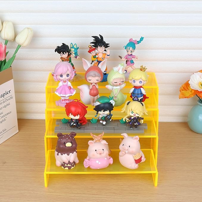 ELEGANTLIFE Acrylic Display Riser,4.3mm Heavy Duty Crystal Display Stand Shelf Layered Aesthetic, Jewelry Display Shelf Risers for Décor,4 Pack Set Multi-color (Yellow)