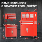 Bonusall 8 Drawer Rolling Tool Chest and Cabinet Combo,Heavy-Duty Metal Garage Tool Chest with Wheels and 2 Doors,2-in-1 Top Box and Roller Cabinet Combo for Garage, Workshop, Warehouse-Red