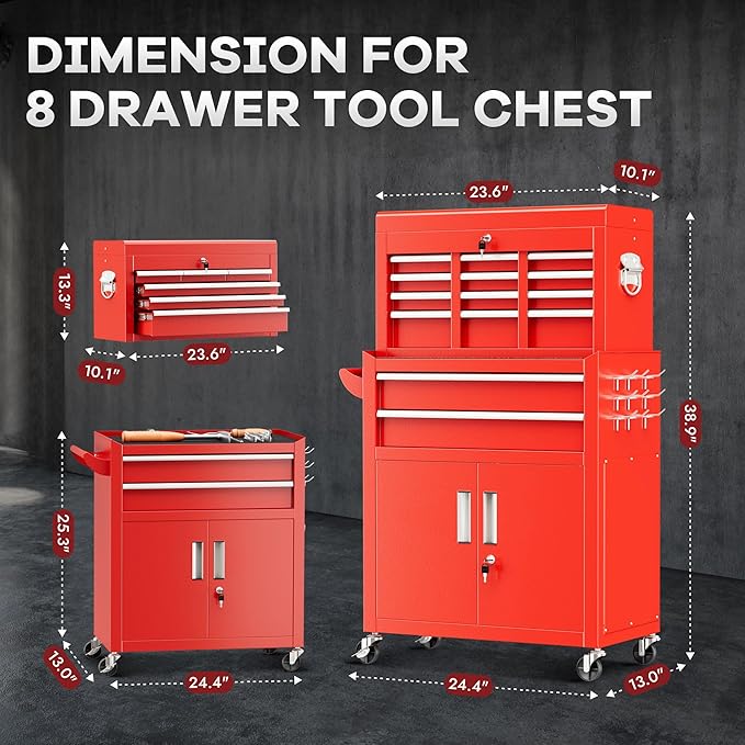 Bonusall 8 Drawer Rolling Tool Chest and Cabinet Combo,Heavy-Duty Metal Garage Tool Chest with Wheels and 2 Doors,2-in-1 Top Box and Roller Cabinet Combo for Garage, Workshop, Warehouse-Red