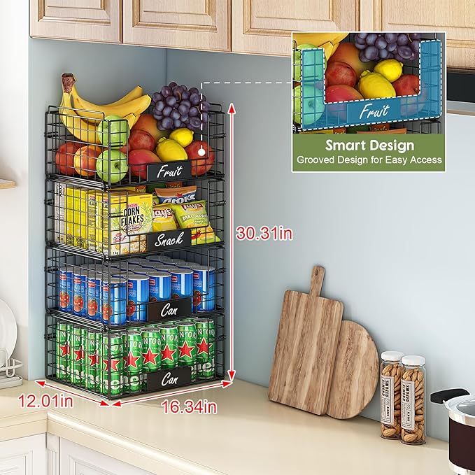 JKsmart 4 Pack XXL Stackable Wire Baskets with Handles for Pantry Storage and Organization,Fruit and Vegetable Basket with Name Plates,Metal Storage Bins for Snack Can Fruit Veggies