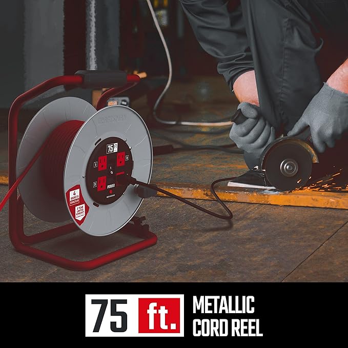 CRAFTSMAN 75 Ft. Contractor Retractable Extension Cord Reel with 4 Grounded Outlets, Heavy-Duty Steel Drum, 12AWG SJTW Cable, CSA Certified