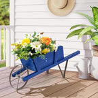 Wooden Wagon Planter, Flower Cart Display Stand w/Metal Wheels & Removable Magnetic Decoration, Wagon Decorative Garden Planter for Plants & Seasonal Displays, Pine Wood (Blue)