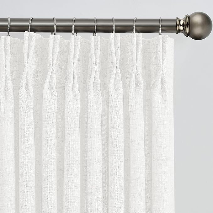 White Linen Pinch Pleated Semi Sheer Curtains 2 Panels 130 Inches Long, Back Tab with Hooks, Window Treatment Curtains for Living Room 42 Inch Wide