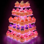 YestBuy Cupcake Stand with Pink Lights – 5 Tier Premium Cupcake Holder – Acrylic Cupcake Tower Display Stand – Cady Bar Party Décor –Acrylic Display for Pastry + LED Light String – Ideal for Weddings, Birthday (Pink)