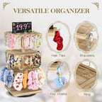 LadyRosian 3-Tier Wooden Rotating Jewelry Display Stand | Bracelet & Keychain Organizer with Advertising Board | 48 Hooks Rustic Holder for Vendor Booth & Stores (3-Tier Square Slot Display)