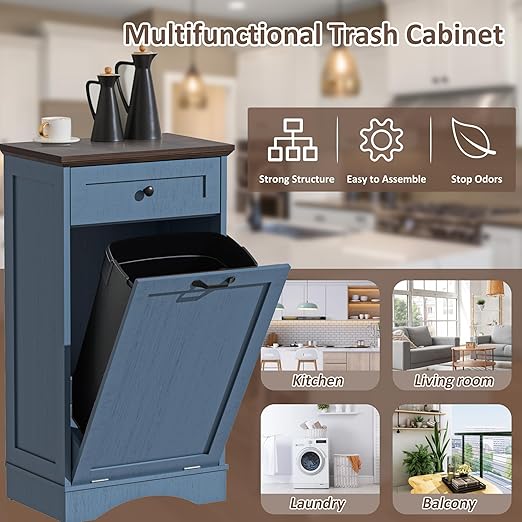 13 Gallons Tilt Out Trash Cabinet Freestanding Kitchen Trash Bin Cabinet Wood Garbage Recycling Cabinets with Hideaway Drawer Pet Proof Trash Can Holder for Kitchen Living Room, Blue