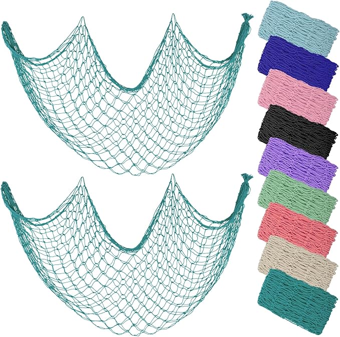 ZUEXT Aqua Decorative Fishing Net 80x40 Inch, 2 Pack Large Picture Fish Net, Wall Photo Hanging Fishnet for Nautical Mermaid Pirate Ocean Themed Hawaii Beach Under the Sea Party Decorations