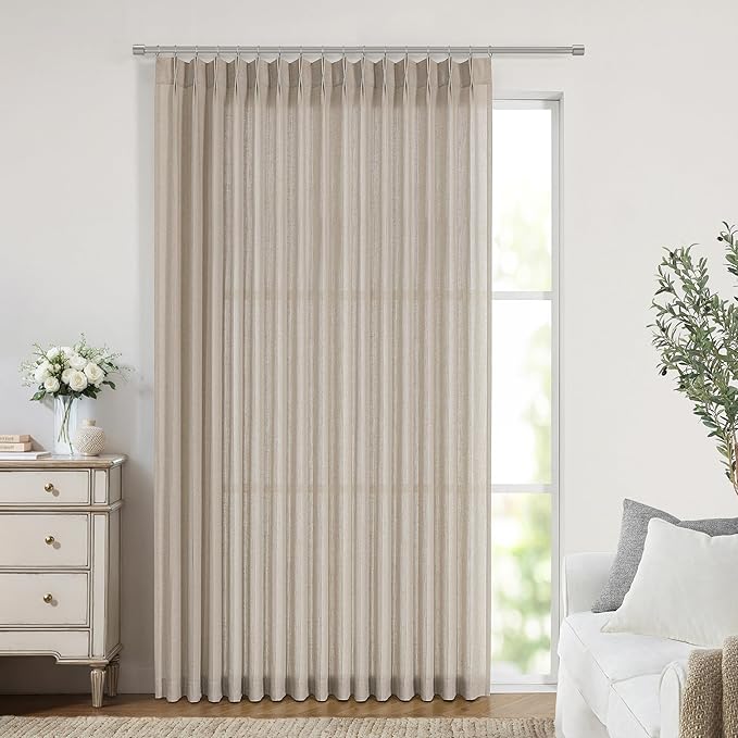 Vision Home Sand Pinch Pleated Semi Sheer Curtains Textured Linen Blended Light Filtering Window Curtains 95 inch for Living Room Bedroom Patio Pinch Pleat Drapes with Hooks 1 Panel 84" Wx95 L