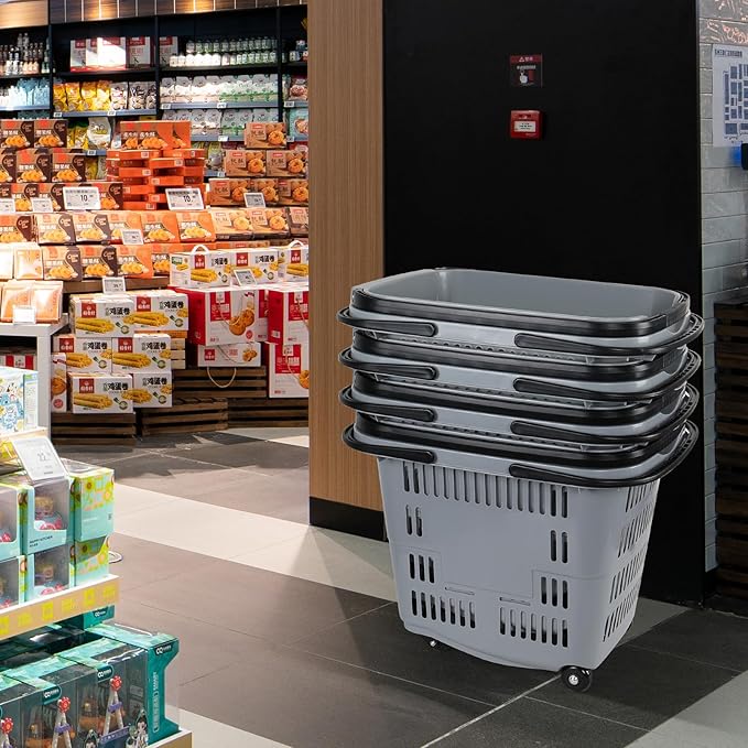 4 PCS 50 L/ 13 Gal Shopping Carts, Gray Plastic Rolling Shopping Baskets with Handles and Wheels, Portable Shopping Basket Set for Retail Store, 50 L