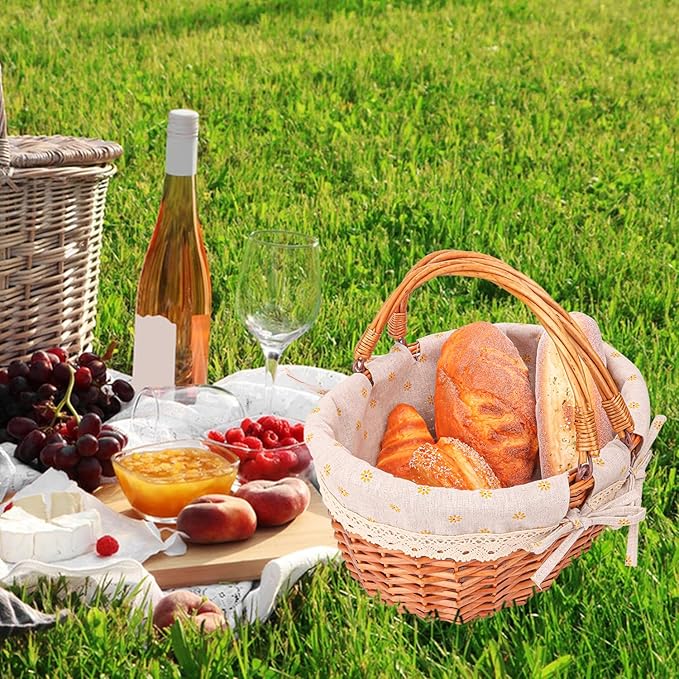 Wicker Picnic Basket with Double Folding Handles - 13.91 x 11.42 x 6.7 Inch Hand Woven Easter Basket, Natural Willow Picnic Basket with Handle, Woven Picnic Hamper for Outdoor Camping