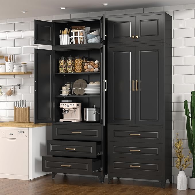 Kitchen Pantry Cabinet, 90" Tall Cabinet with Three Drawers, Metal Food Pantry Cabinet and Shelves, Freestanding Cupboards for Dining, Living Room, Black,16" D x 32" W x 90" H, Assembly Required