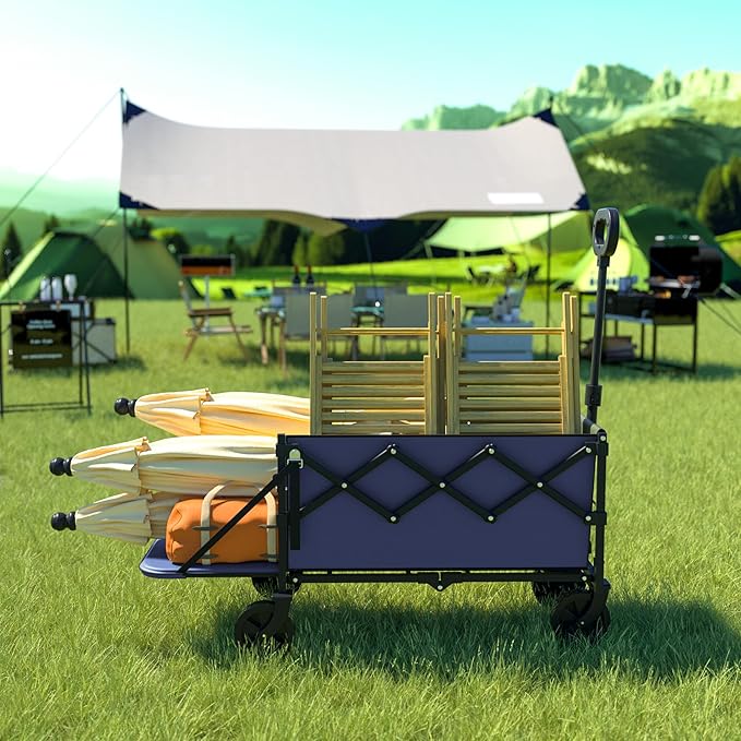 Collapsible Wagon with Wheels & Tailgate, 350LBS Wagons Carts Foldable Heavy Duty, Lightweight Portable Folding Utility Wagon Grocery Shopping Cart for Garden, Camping, Beach (Navy)