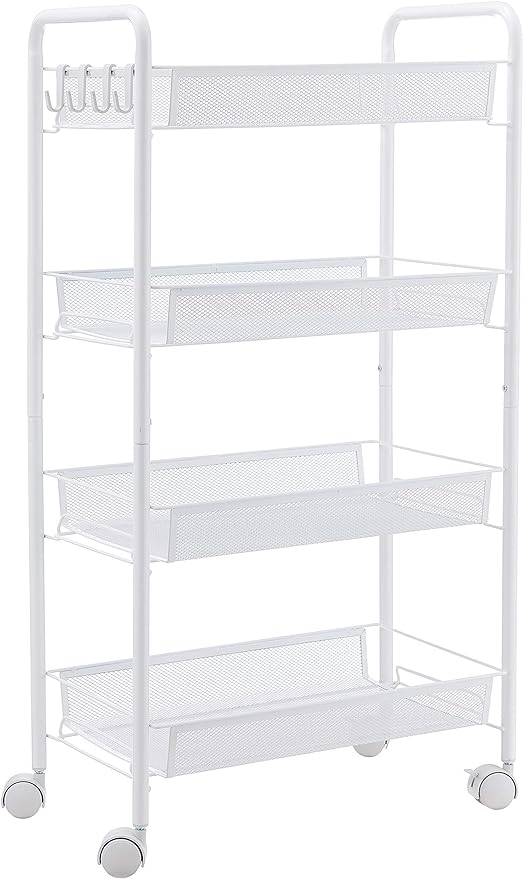 JANE EYRE Rolling Utility Storage Rack Cart on Wheels, Trolley Carft cart, Multi-Purpose Organizer Shelf (White, 4 Tier)…
