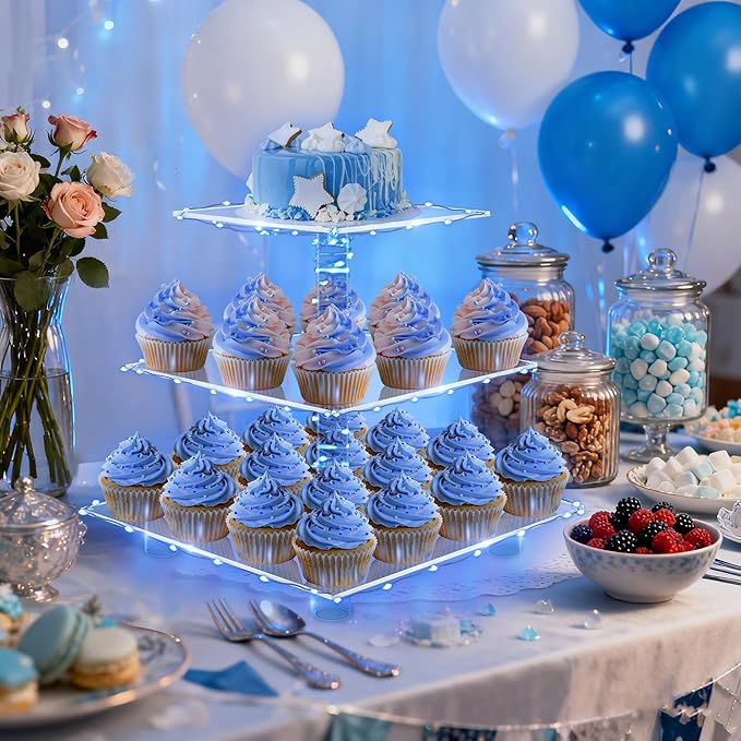 YestBuy 3 Tier Square Cupcake Stand - Premium Cupcake Holder - Acrylic Cupcake Tower Display - Cady Bar Party Décor + LED Light String - Ideal for Weddings, Birthday Parties( Blue Light)
