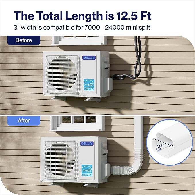 DELLA 3" 12.5 Ft Mini Split Line Set Cover with Flexible Duct, Decorative PVC Lineset Cover Kit, Paintable for Mini Split Air Conditioner, HAVC & Heat Pumps Systems Tubing Cover, White