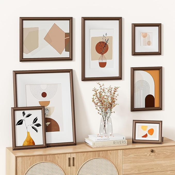 Natural Walnut 8x8 Picture Frames Mat to 4x4 Picture Display Set of 3,Original Wood Handcrafted 8x8 Wooden Photo Frame with Tempered Glass Graduation Family Wedding Pictures Tabletop & Wall Decor