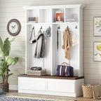 Merax Wood Hall Tree Entryway Bench with 6 Hooks, Farmhouse Mudroom Versatile Coat Racks with 2 Large Drawers Entrance Organizer for Hallway White