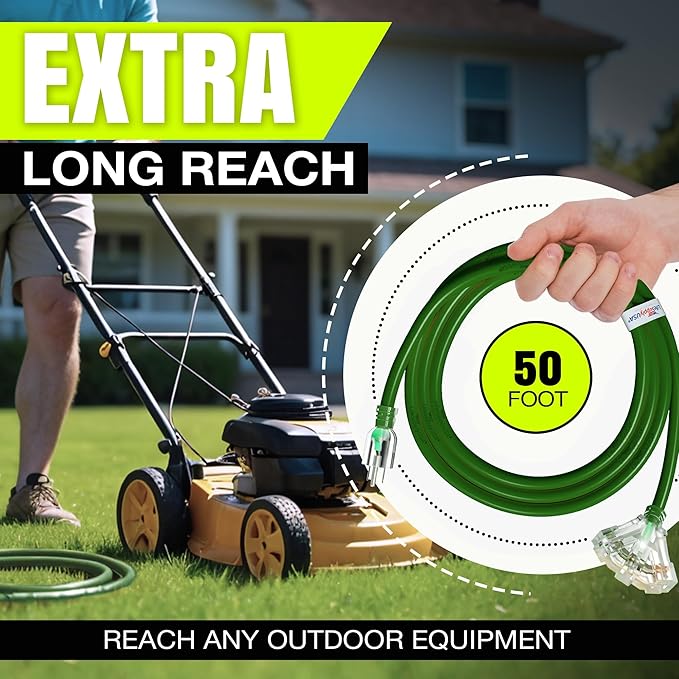 75ft Outdoor/Indoor Extension Cord 3-Outlet 12/3 Gauge Extra Heavy Duty ETL Listed, 3 Prong SJTW, Waterproof, Flexible Cold-Resistant Long Power Cord,15A 125V 1875W, Green by LifeSupplyUSA