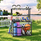 HOOBRO Sports Equipment Garage Organizer, Ball Storage Rack with Basket, Heavy Duty Ball Holder with Hooks, for Outdoor, Garage, Club, Basement, Black BK80JJ01