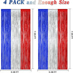 4 Pack 4th of July Decorations, 3.28 FT x 7.05 FT Independence Photo Backdrop, Metallic Blue Silver Red Backdrop Curtains Fringe Curtains Party Streamer, Patriotic Decor Fourth of July Party Supplies