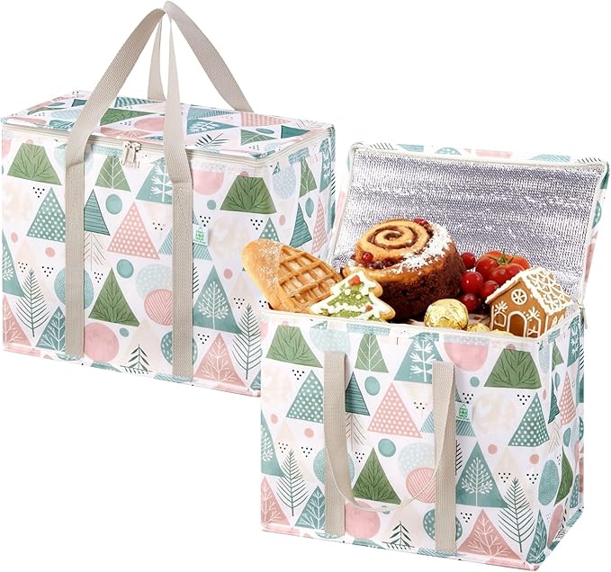 VENO 2 Pack Christmas Cooler Bag Insulated Reusable Grocery Shopping Bag, Food Delivery, Heavy Duty, Large Size, Durable Handles, Double Zippers, Lid, Collapsible (Pastel Forest, 2 Pack)
