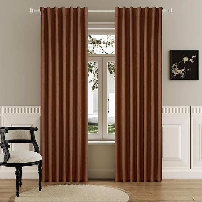 DUALIFE Rust Full Blackout Curtains 63 Inch Long Linen Textured Curtains Thermal Insulated Heat Blocking Noise Reducing Vintage Drapes for Nursery Bedroom Back Tab 2 Panels 50W x 63L Terracotta