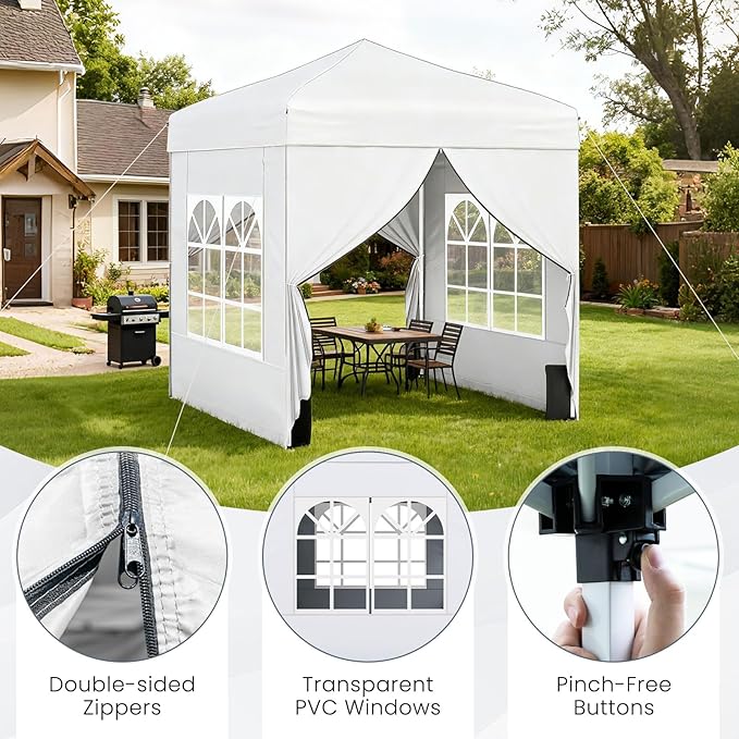 Tangkula 6.5x6.5 FT Pop Up Canopy, UPF50+ Outdoor Canopy Tent with 2 Removable Sidewalls, 2 Zippered Doors, Heavy-Duty Carbon Steel Frame, Wheeled Bag, 4 Sandbags, 8 Stakes, 4 Wind Ropes (White)