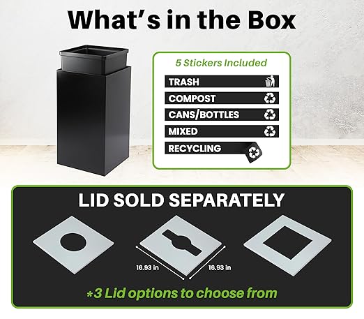 Alpine Industries 29 Gallon Commercial Indoor Recycle Bin, Modern Black Metal Container with Optional Lids