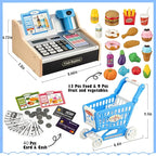 Wooden Cash Register for Kids with Shopping Cart Rechargeable Kid Cash Register with Scanner Gift for Kids Age 3 4 5 6 7 8 9 Year Old Pretend Play for Toddlers Toys for 3-12 Year Old Boys