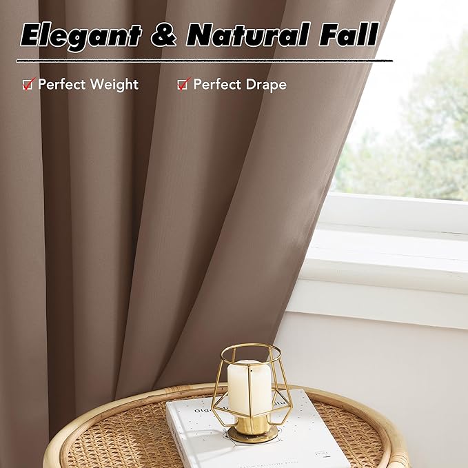 KGORGE Room Darkening Curtains 54 inch Length, Privacy Thermal Insulation Energy Saving Noise Reducing Small Window Treatments for Nusery Office, Back Tab Rod Pocket, W52 x L54, Mocha, 2 Panels