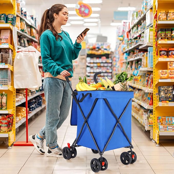 27 Gal/180 LBS Capacity Shopping Cart, Upgrade Huge Grocery Cart on Wheels,Heavy Duty Foldable Utility 360° Rolling Swivel Wheels for Shopping Picnic Groceries Laundry (Blue)