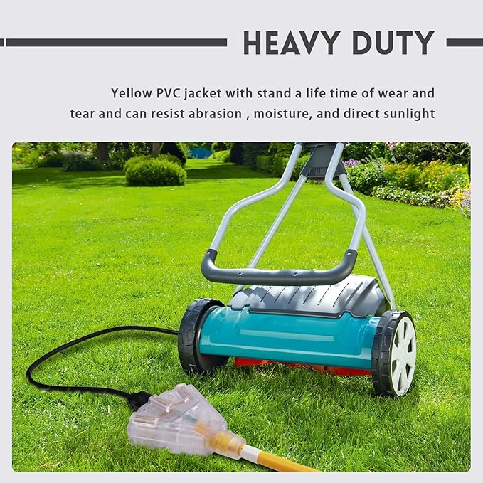 EP 15 Ft Lighted Outdoor Extension Cord with 3 Electrical Power Outlets - 14/3 SJTW Heavy Duty Yellow Extension Cable with 3 Prong Grounded Plug - Power Cord for Lawn, Garden, Appliances