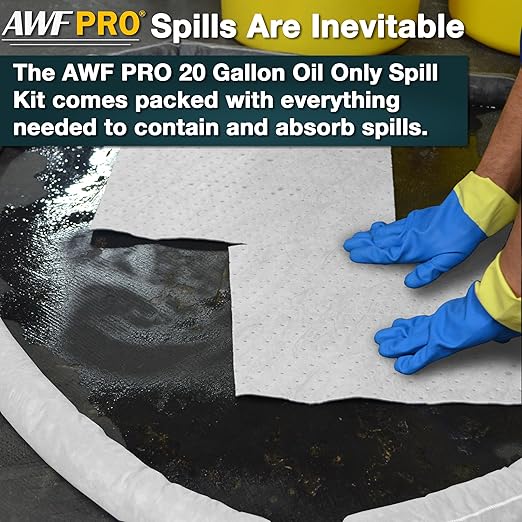 AWF PRO 20 Gallon Oil Only Spill Kit, 59 Pieces – 20 gal DOT Approved Drum, Socks, Pads & Pillows, & Accessories