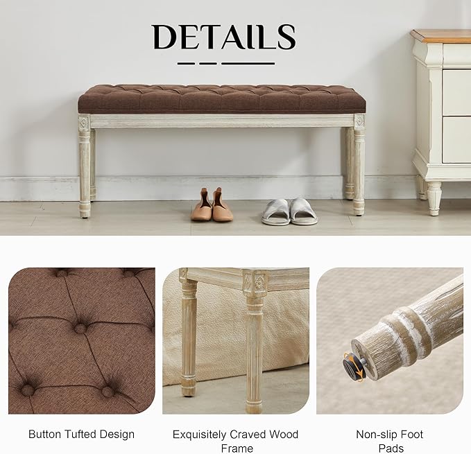 LOULENS 43.9" Linen Fabric End of Bed Bench, Vintage French Upholstered Button Tufted Entry Bench, Window Seat with Carved Wood Legs for Bedroom, Living Room, Entryway, Foyer, Hallway, Brown
