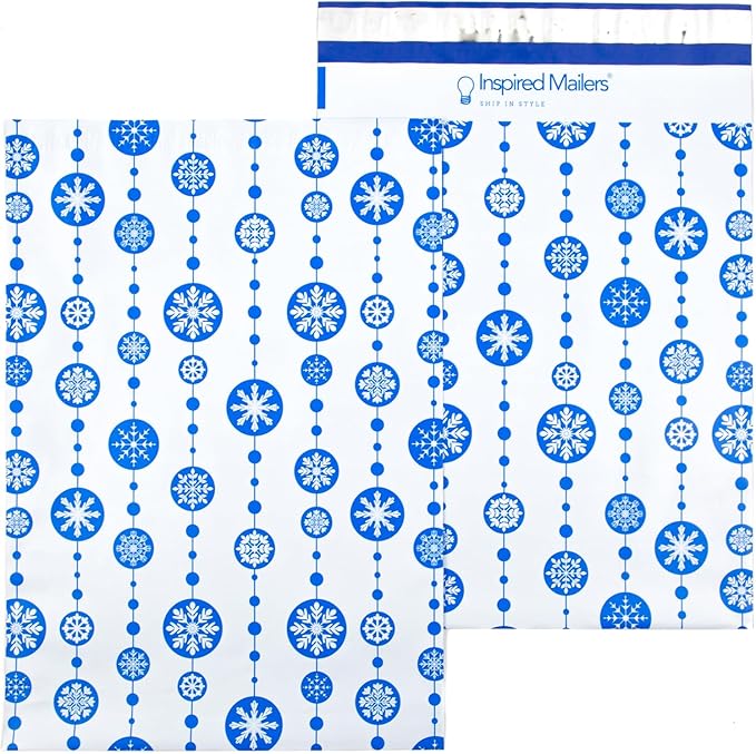 Inspired Mailers - Holiday Poly Mailers 10x13-100 Pack - Snowflake Baubles (Blue) - Mailing Envelopes - Christmas Mailers - Holiday Envelopes
