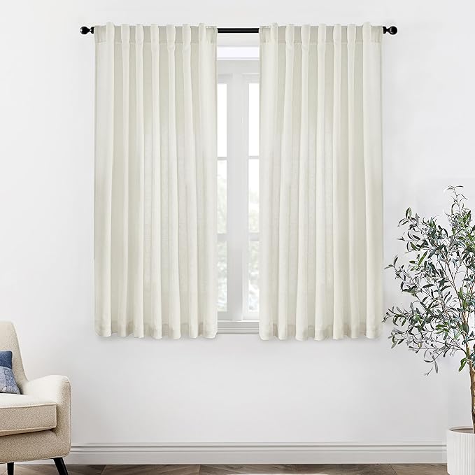 XTMYI Bathroom Window Curtains Short,Linen Cotton Sheer Boho Farmhouse Kitchen Curtains 45 Inch Length,Cream Ivory