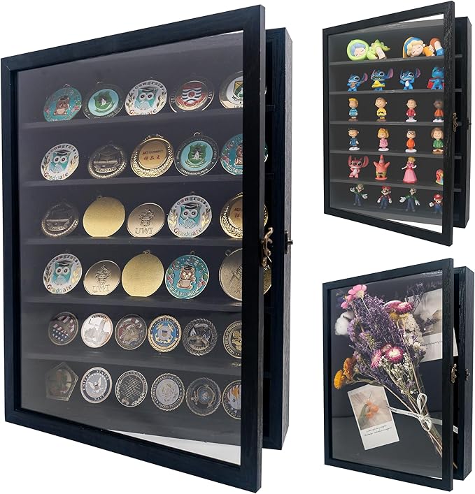GMFrames 12x16 Wooden Shadow Box Frame with Removable Shelves Deep Display Case for Military Medals Keepsakes Black