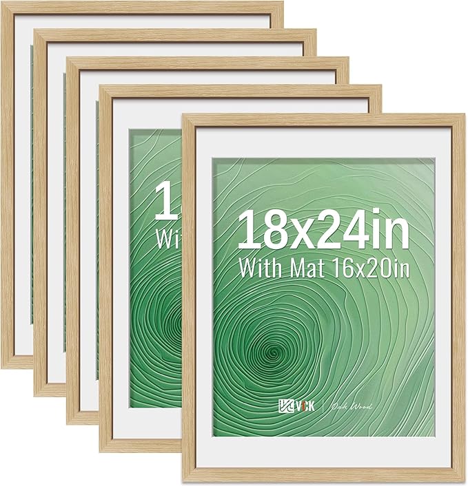 VCK 18x24 Poster Frame 5 Pack - Natural Oak, High-End Wood Picture Frames with Polished Plexiglass, Display 16x20 Photo with Mat or 18x24 without Mat, Art Gallery-Quality, Wall Hanging, Natural Oak