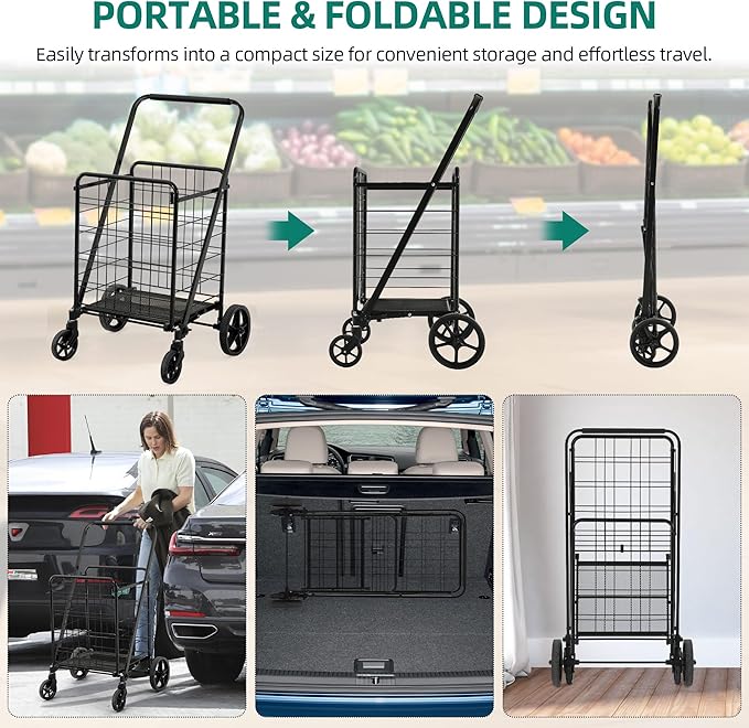 YITAHOME Folding Shopping Cart with Wheels, Large Rolling Grocery Cart, Reinforced Mesh Bottom, Foldable Utility Cart for Groceries, Laundry & Storage (Portable, Collapsible, Sturdy)