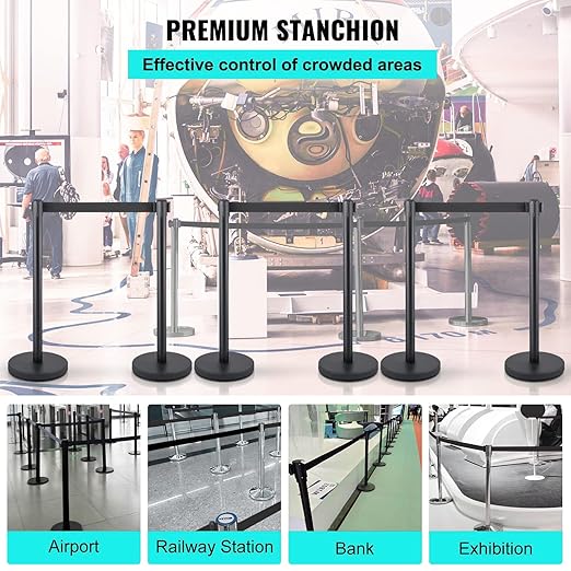 Crowd Control Stanchions, Stanchion Queue Post with Retractable Belts 6.5Ft, Easy Assembly, Crowd Control Barriers, Height 36 Inches, for Crowd Control Barriers, Pack of 6, Black
