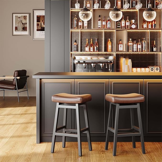 29 Inches Bar Stools Set of 2, Bar Height Barstools for Home Counter, Blackless Barstool with Bonded Leather Saddle Seats & Heavy Duty Metal Legs, Easy Assembly, Gray/Black