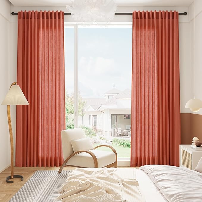 Coral Semi Sheer Linen Blend Curtains 108 Inches Long 2 Panels Set Back Tab Loop Pocket Light Filtering Boho Large Window Decor Extra Long Drapes for High Ceiling Living Room 52x108