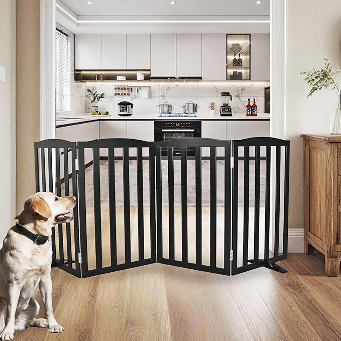 Freestanding Dog Gate Indoor,Doggie Gate Foldable Pet Gates for Doorways,Stairs or Hallways, Wooden Black Pet Gate for The House, Pet Fence with Support Feet Included,32 "Height-4 Panels