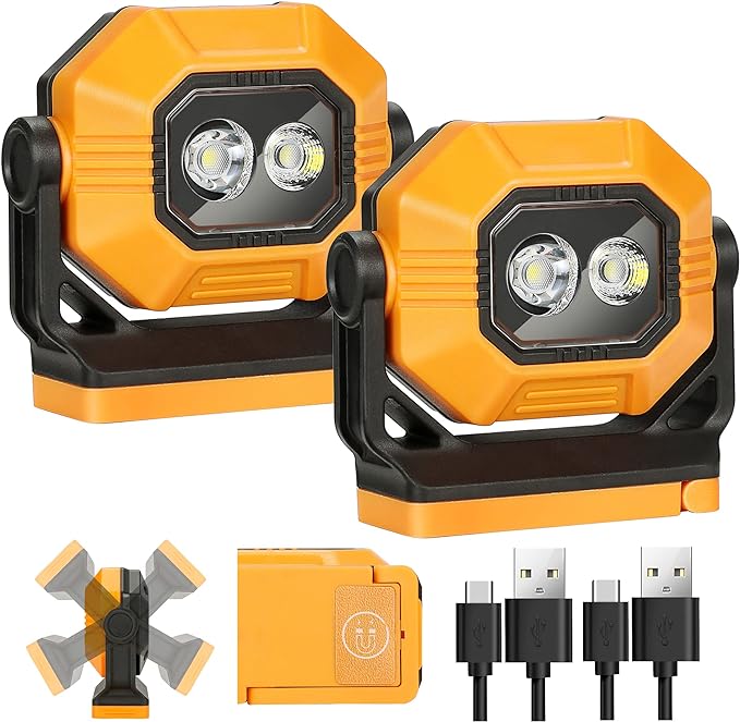 LED Rechargeable Work Light, 2Pack 1500LM Portable COB Magnetic Lights with 3 Modes & 360°Rotatable, IPX4 Waterproof Worklight for Car Repairing, Job Site Lighting, Emergency (2 PCS)