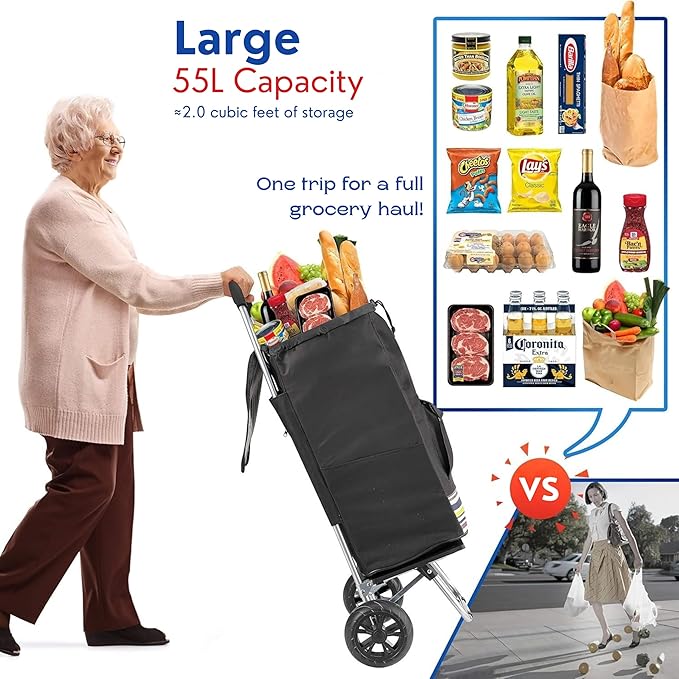Shopping Cart, Super Loading Grocery Trolley, 220 lbs Capacity, Foldable Cart with Extra Large Black Shopping Bag Portable Grocery Utility Cart With Adjustable Bungee Cord