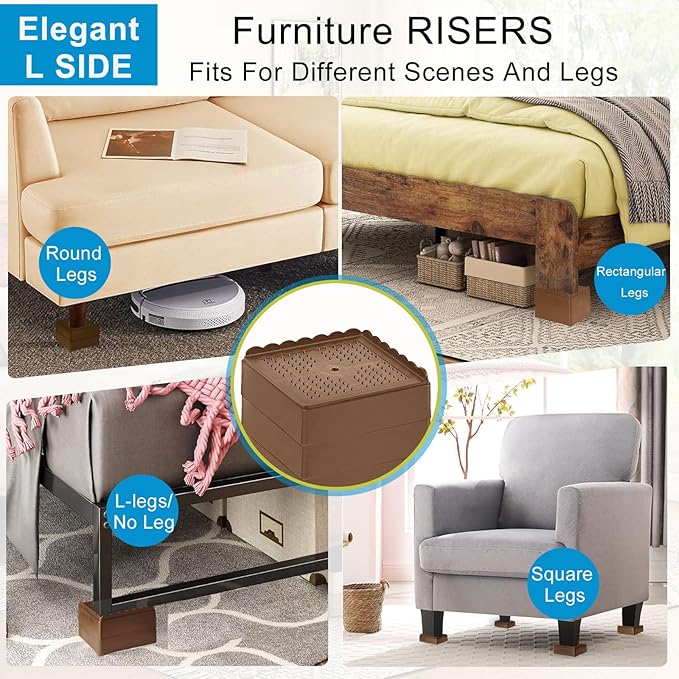 Bed Risers 1 inch, 2 inch, 3 inch, 4 inch Heavy Duty, Adjustable Furniture Riser for Table Desk Couch Sofa Chair Recliner Leg Frame Dorm, Stackable Bed Raisers Blocks (Brown 16 Pack, 1 inch)