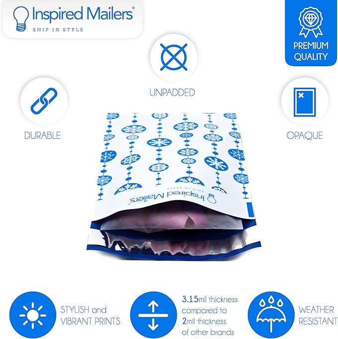Inspired Mailers - Holiday Poly Mailers 6x9-100 Pack - Snowflake Baubles (Blue) - Small Shipping Bags 6x9 - Christmas Polymailers 6x9 - Small Package Bags